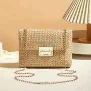 Handmade Woven Shoulder Bag For Ladies - Chain Strap, Lock Buckle - Suitable For Crossbody Wearing